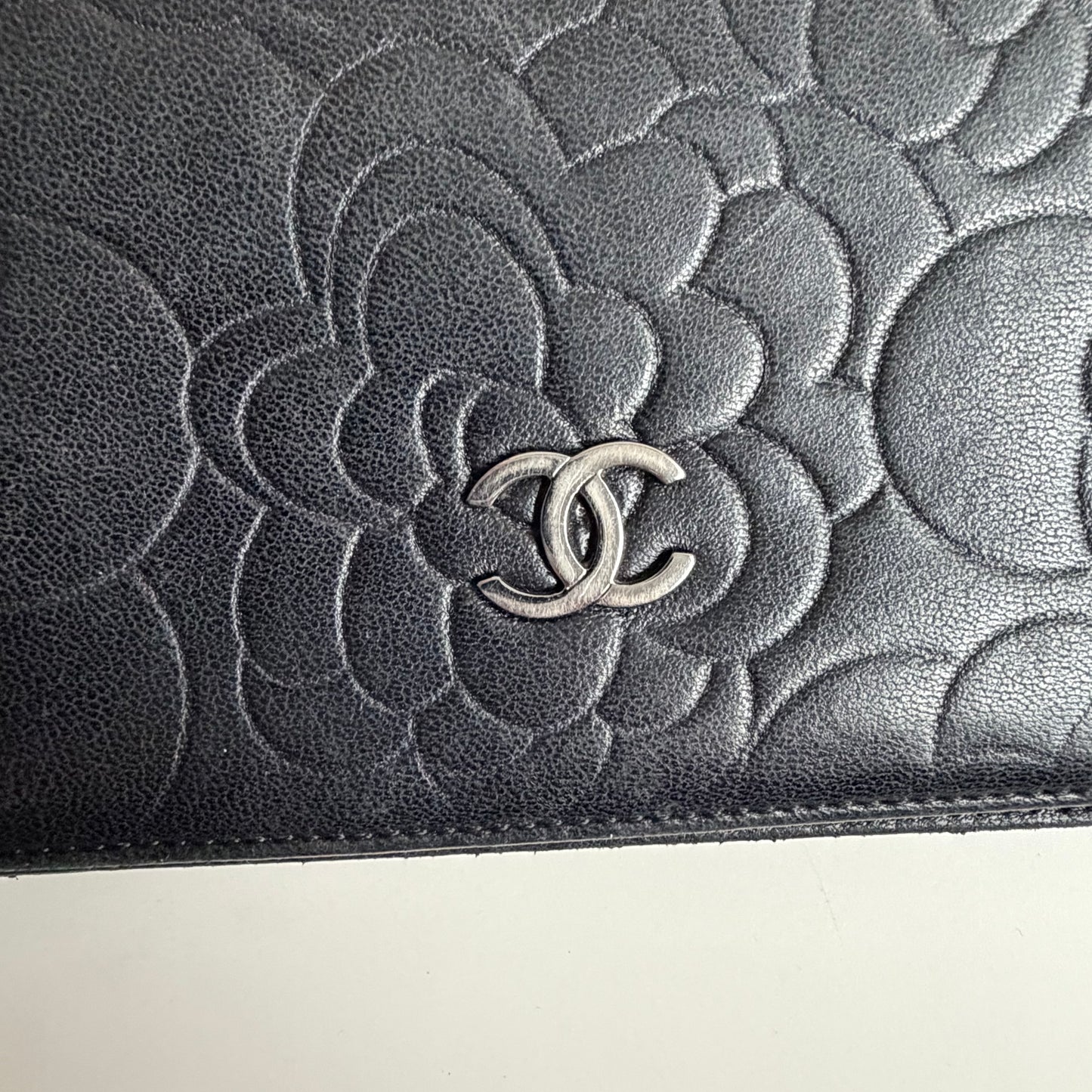 Authentic vintage Chanel Camellia Embossed Leather Wallet on chain