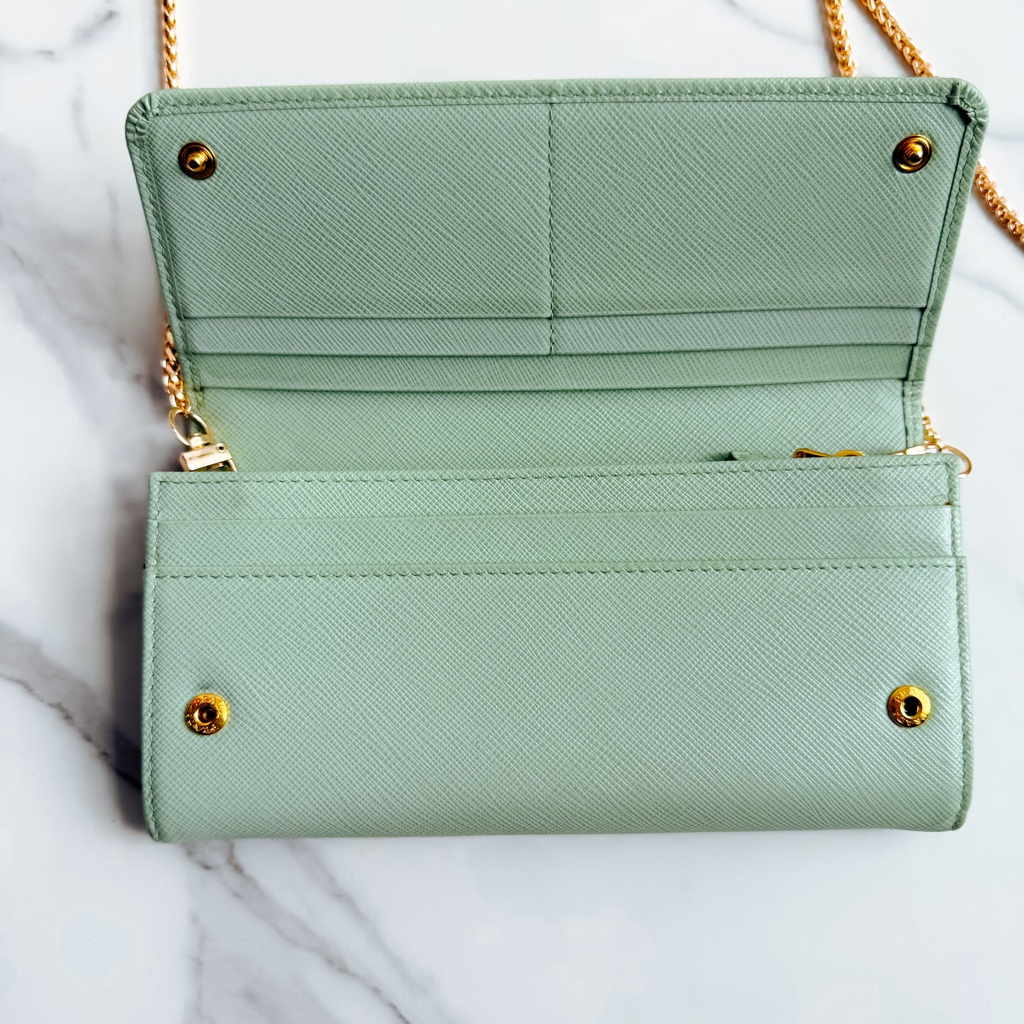 Authentic Prada Saffiano Mint wallet on chain