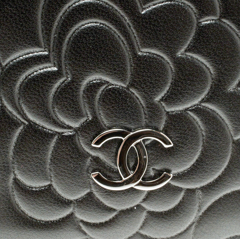 Authentic vintage Chanel Camellia Embossed Leather Wallet on chain