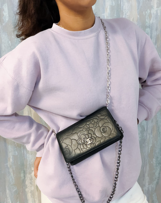 Authentic vintage Chanel Camellia Embossed Leather Wallet on chain