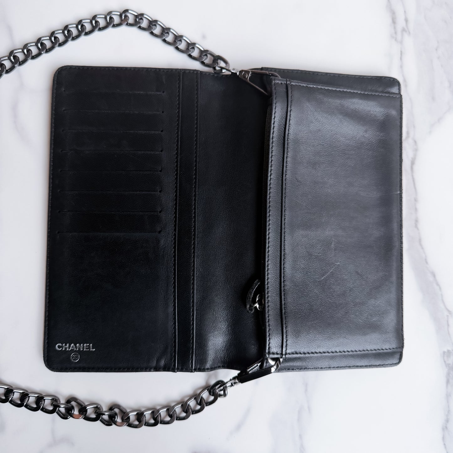 Authentic vintage Chanel Camellia Embossed Leather Wallet on chain