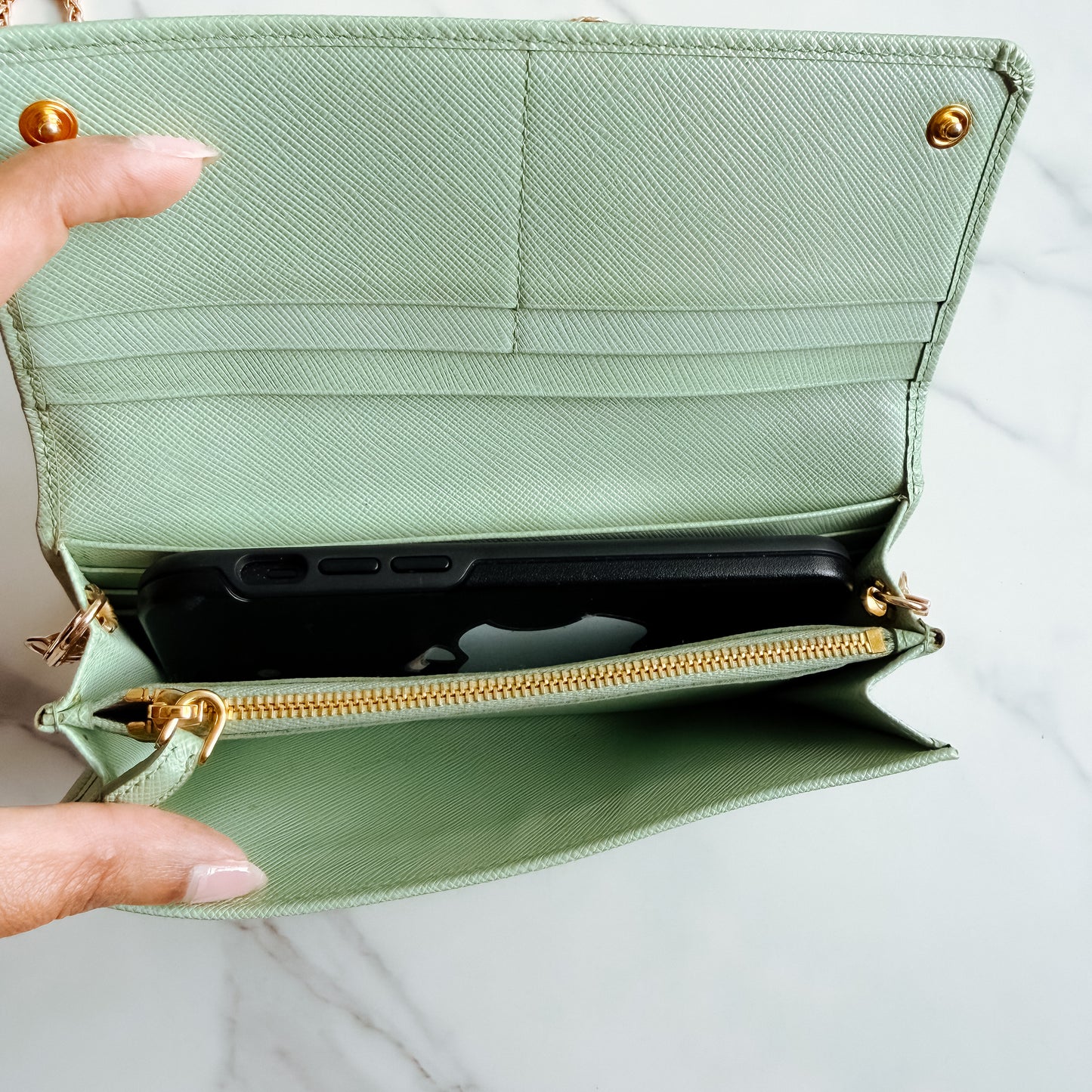 Authentic Prada Saffiano Mint wallet on chain