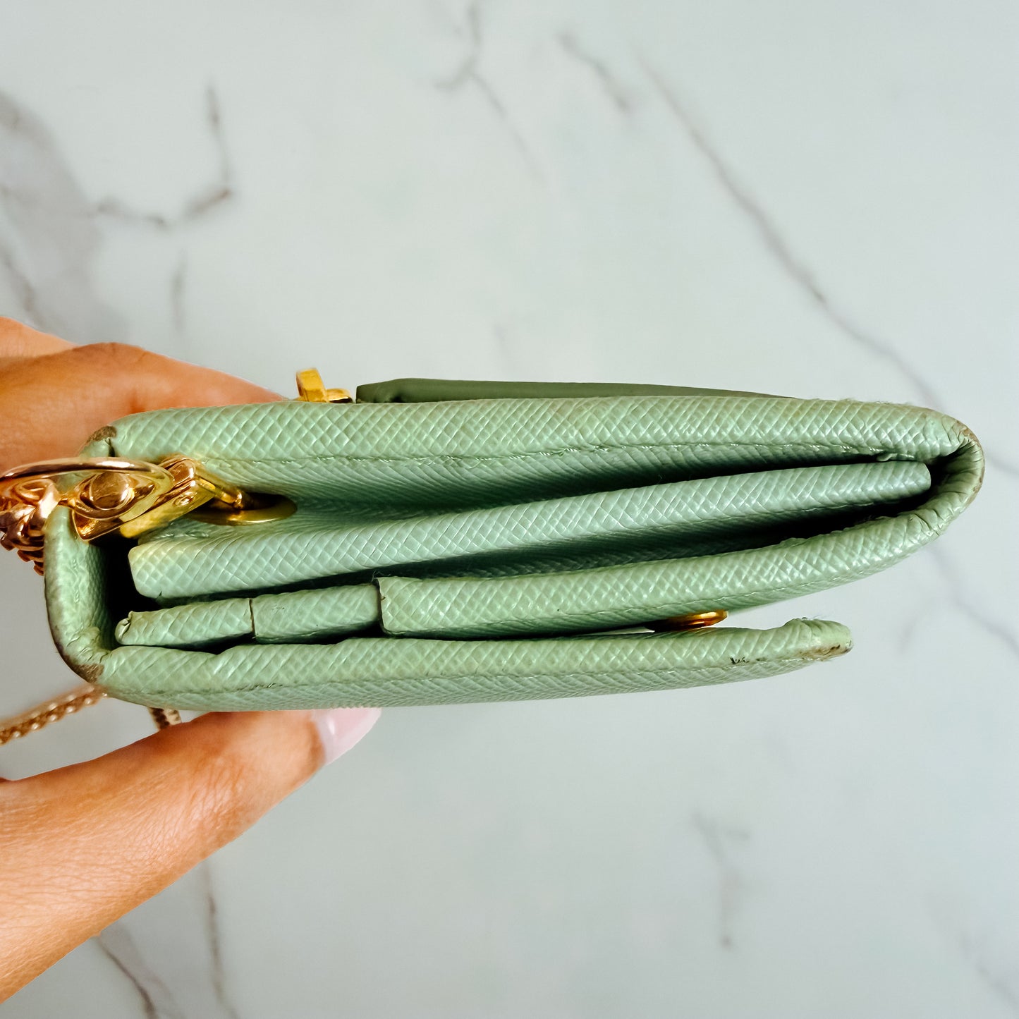 Authentic Prada Saffiano Mint wallet on chain