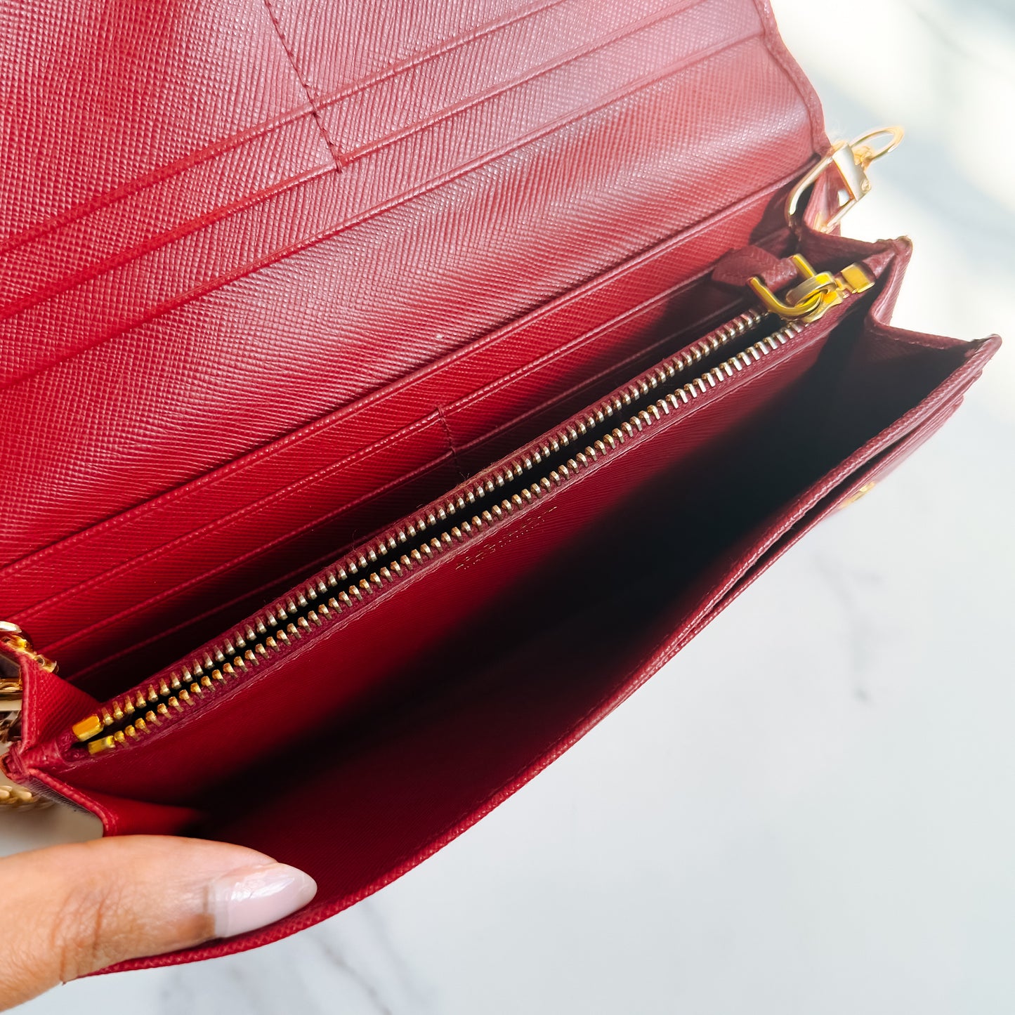 Authentic Prada Saffiano Red wallet on chain