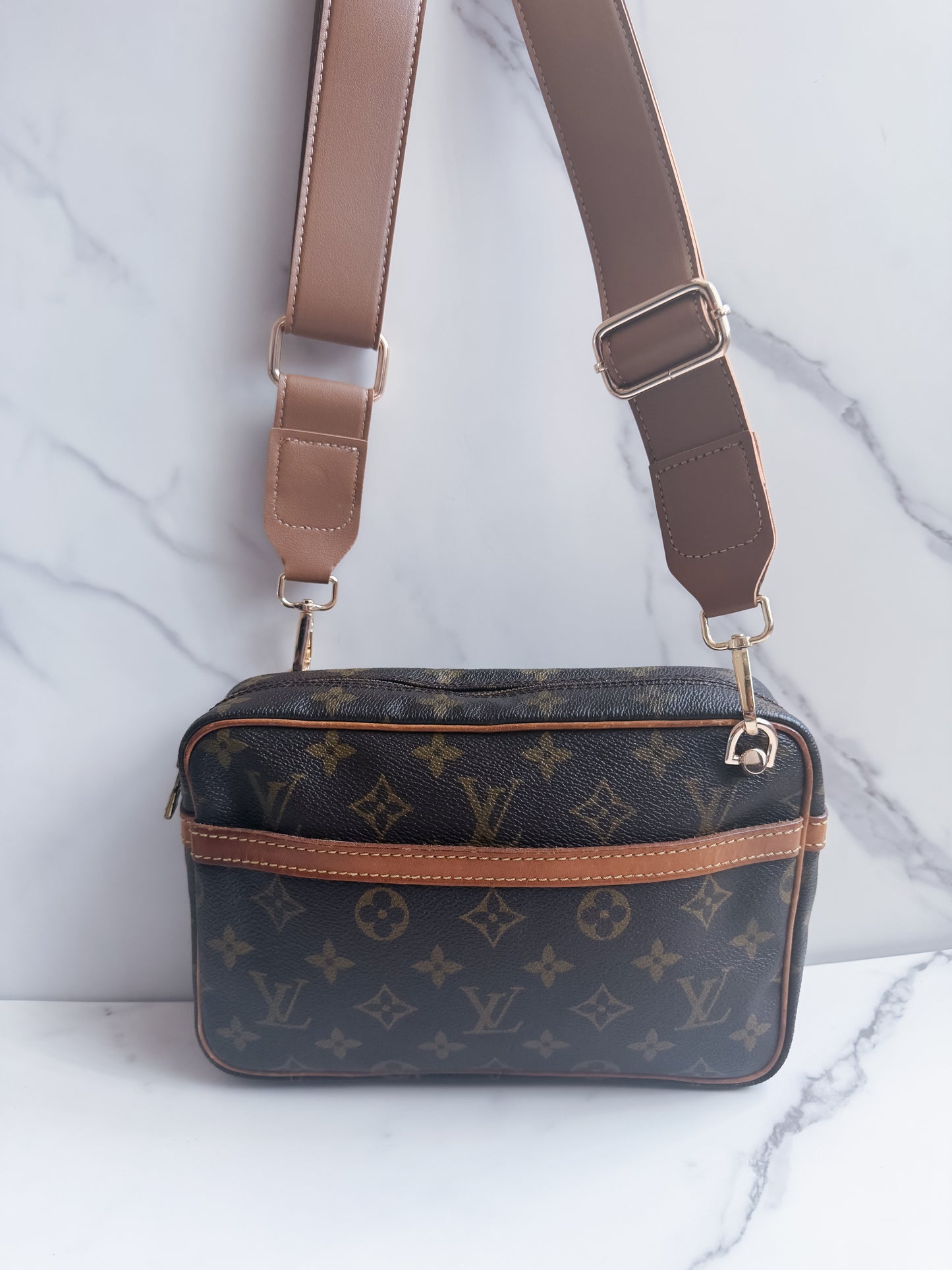 Louis Vuitton Brown Monogram Crossbody with Tan Strap