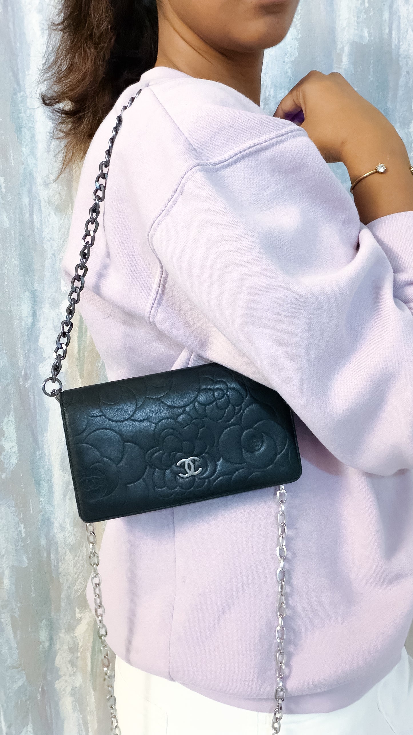 Authentic vintage Chanel Camellia Embossed Leather Wallet on chain