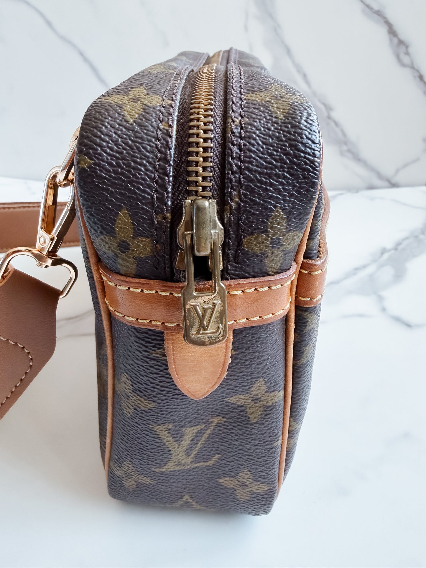 Louis Vuitton Brown Monogram Crossbody with Tan Strap
