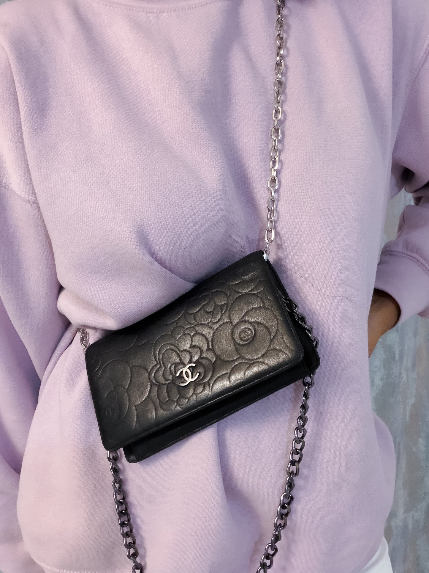 Authentic vintage Chanel Camellia Embossed Leather Wallet on chain