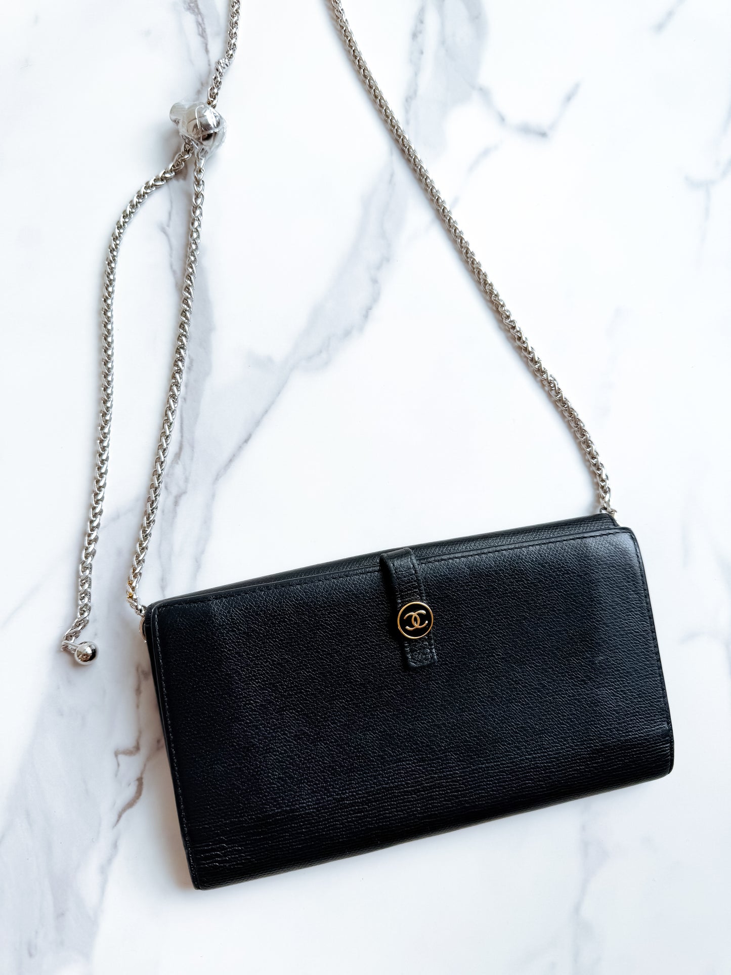 Authentic vintage Chanel Black Leather CC Button Continental Wallet